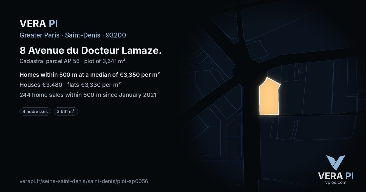 8 Avenue du Docteur Lamaze, Saint-Denis at night – the plot lit, the parcels around coloured by the prices near them