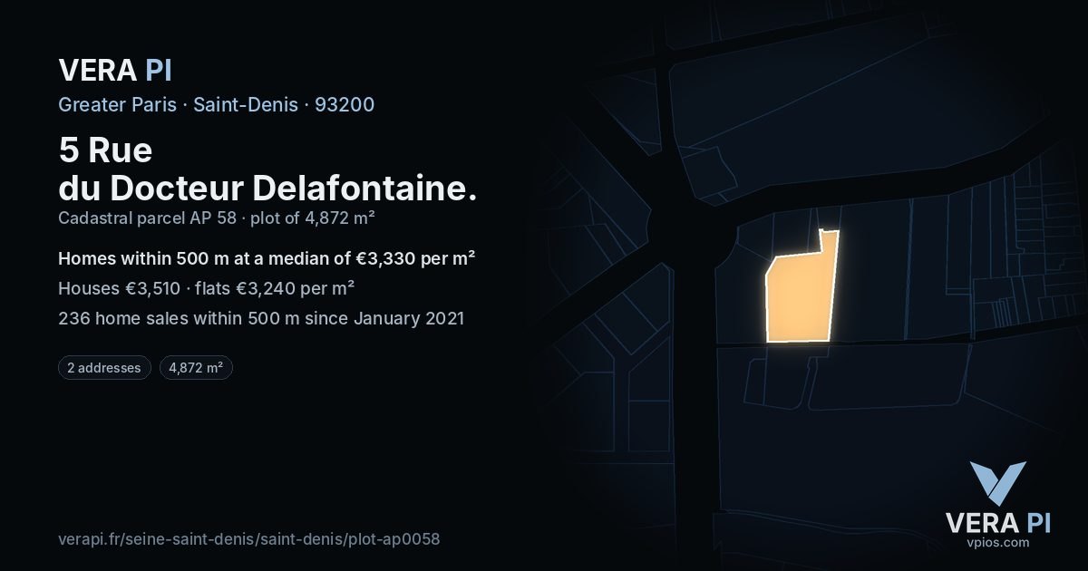 5 Rue du Docteur Delafontaine, Saint-Denis at night – the plot lit, the parcels around coloured by the prices near them