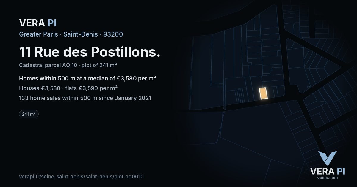 11 Rue des Postillons, Saint-Denis at night – the plot lit, the parcels around coloured by the prices near them