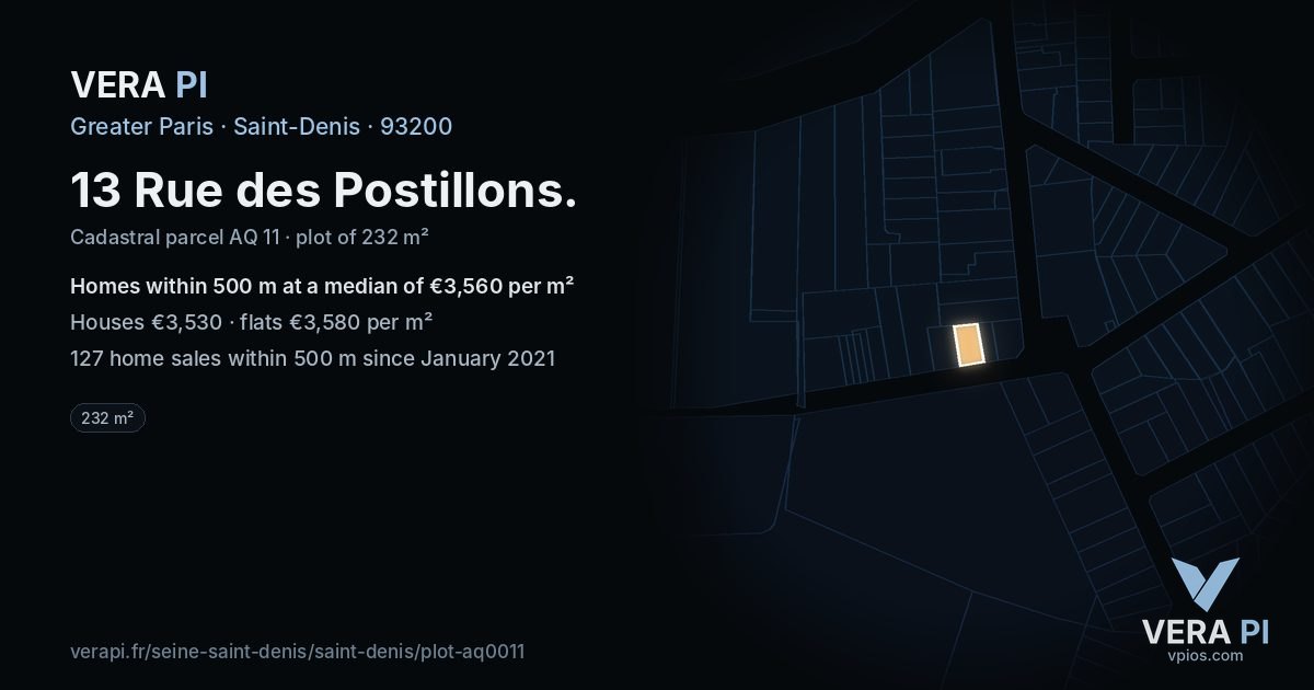 13 Rue des Postillons, Saint-Denis at night – the plot lit, the parcels around coloured by the prices near them