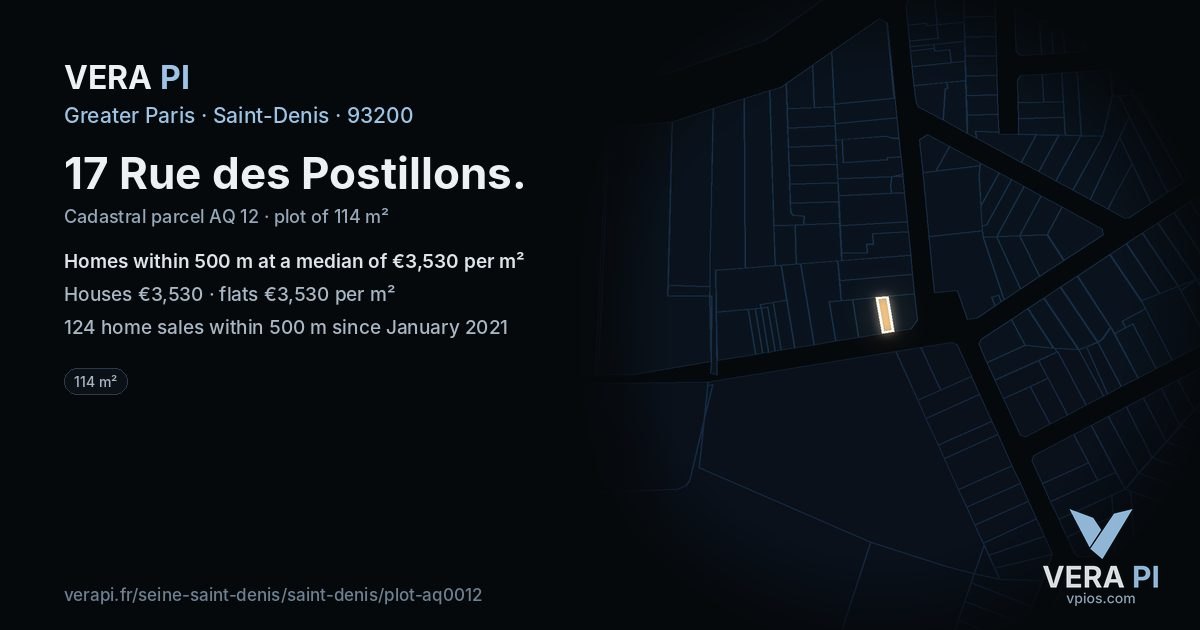17 Rue des Postillons, Saint-Denis at night – the plot lit, the parcels around coloured by the prices near them