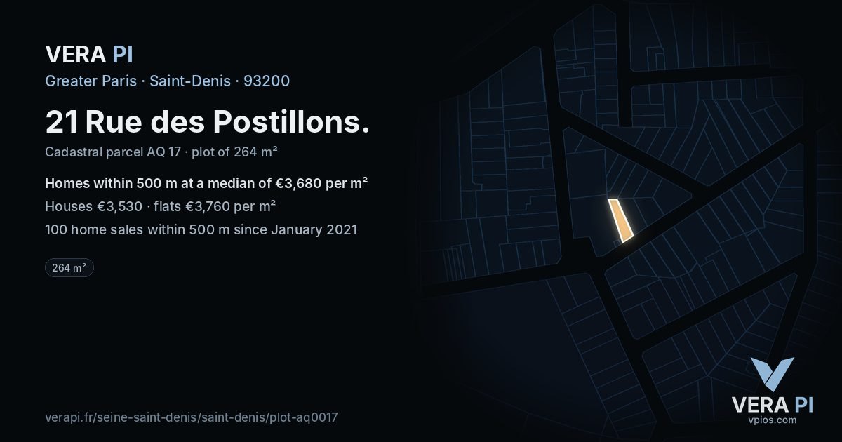 21 Rue des Postillons, Saint-Denis at night – the plot lit, the parcels around coloured by the prices near them