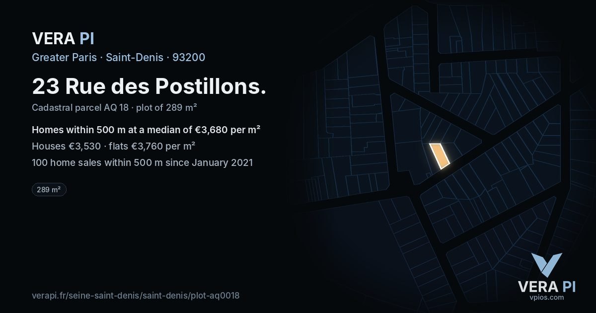 23 Rue des Postillons, Saint-Denis at night – the plot lit, the parcels around coloured by the prices near them