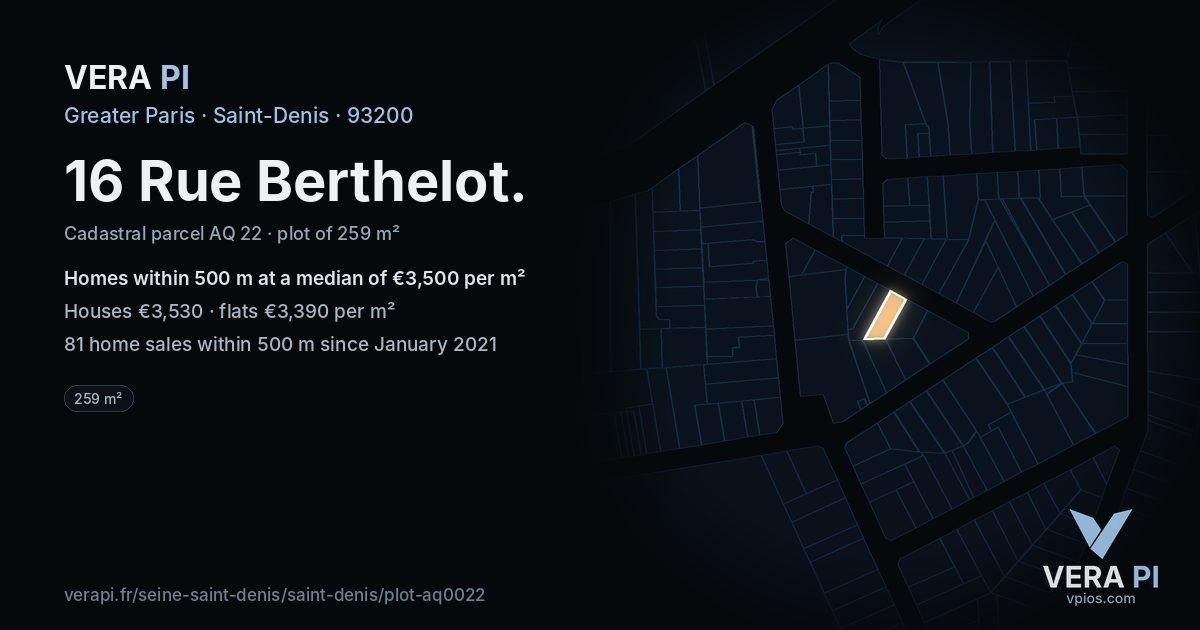 16 Rue Berthelot, Saint-Denis at night – the plot lit, the parcels around coloured by the prices near them