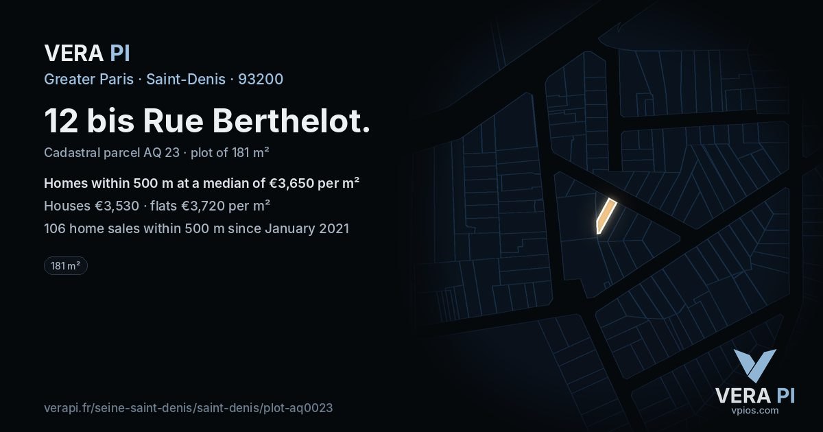 12 bis Rue Berthelot, Saint-Denis at night – the plot lit, the parcels around coloured by the prices near them