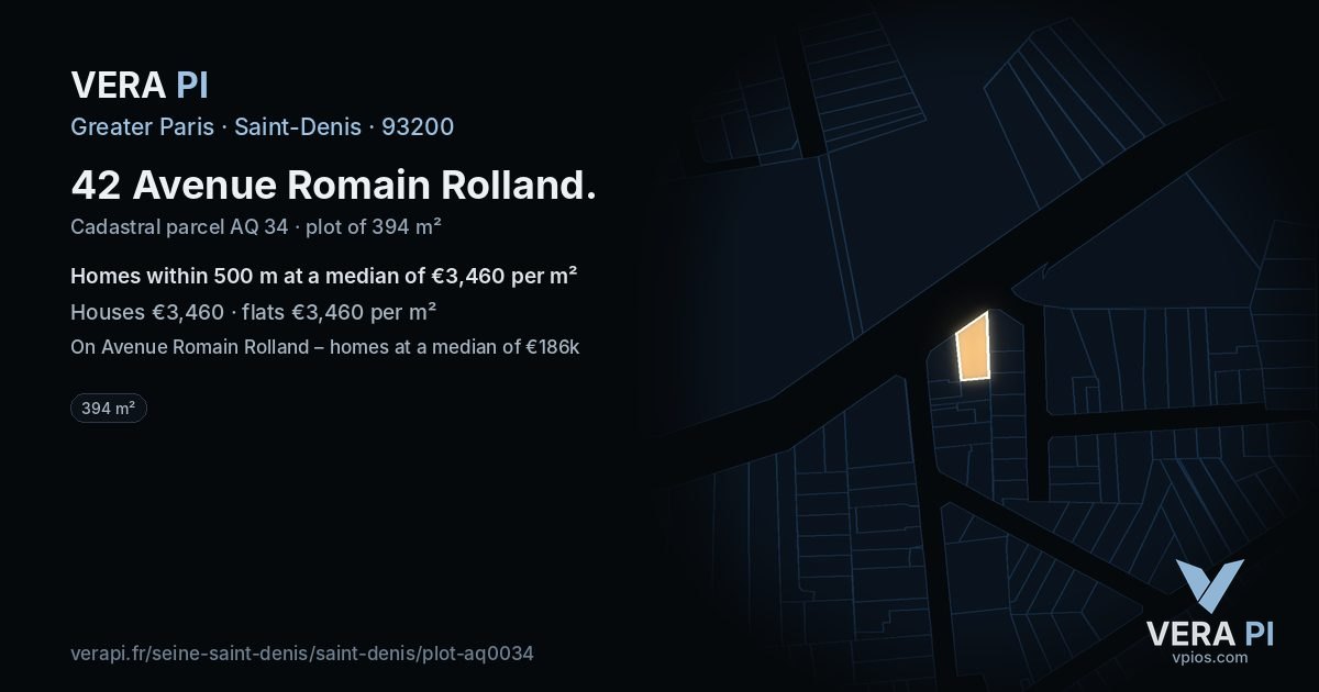 42 Avenue Romain Rolland, Saint-Denis at night – the plot lit, the parcels around coloured by the prices near them