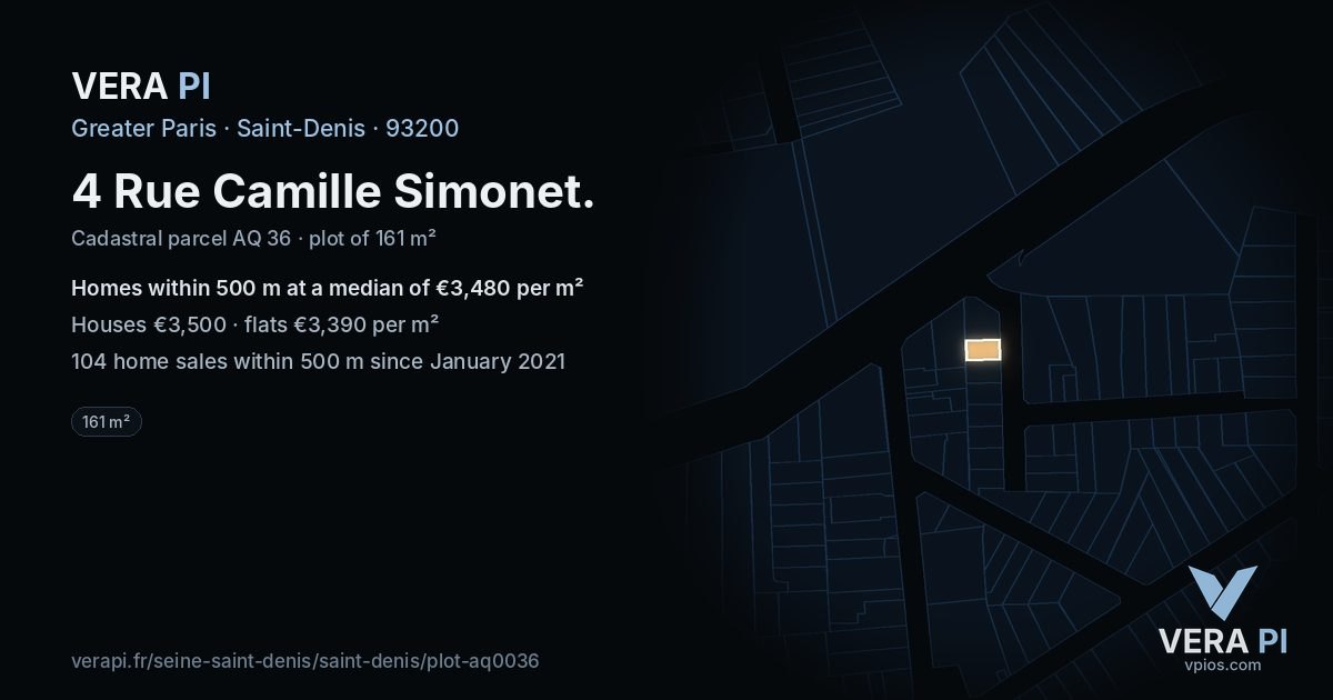 4 Rue Camille Simonet, Saint-Denis at night – the plot lit, the parcels around coloured by the prices near them