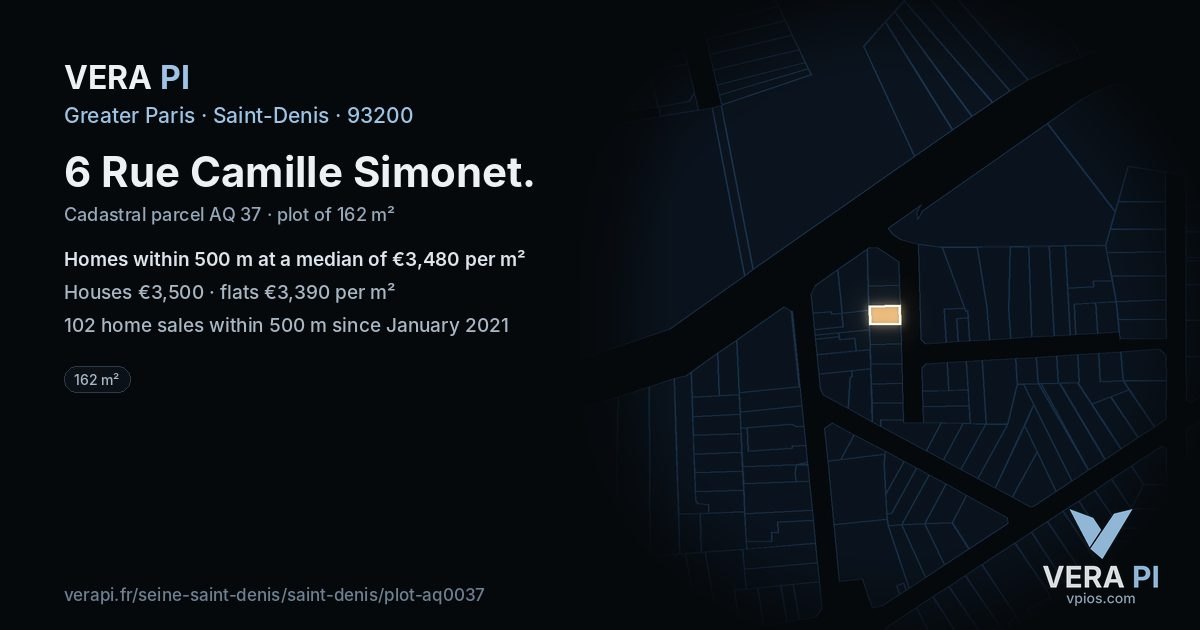 6 Rue Camille Simonet, Saint-Denis at night – the plot lit, the parcels around coloured by the prices near them