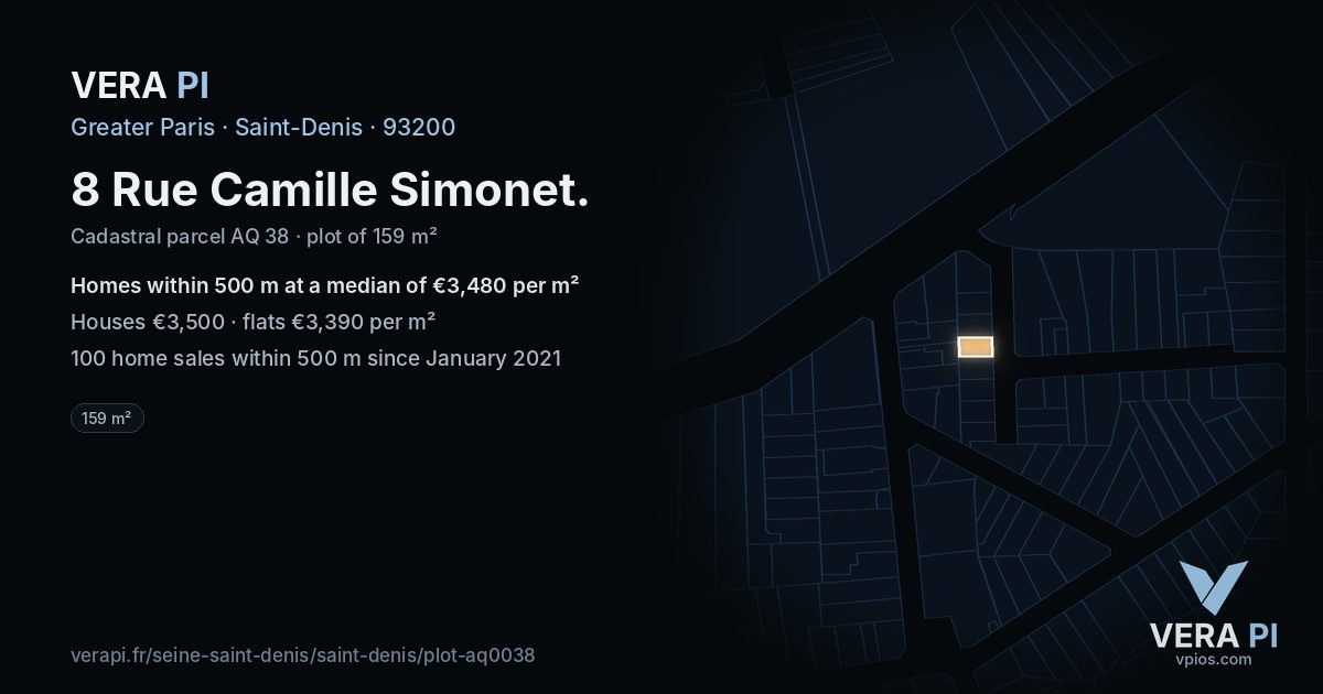 8 Rue Camille Simonet, Saint-Denis at night – the plot lit, the parcels around coloured by the prices near them