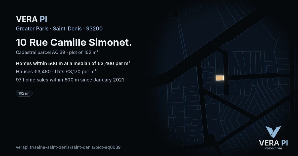 10 Rue Camille Simonet, Saint-Denis at night – the plot lit, the parcels around coloured by the prices near them