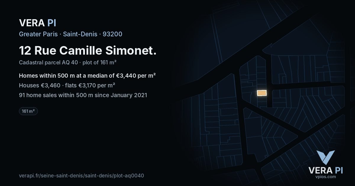 12 Rue Camille Simonet, Saint-Denis at night – the plot lit, the parcels around coloured by the prices near them