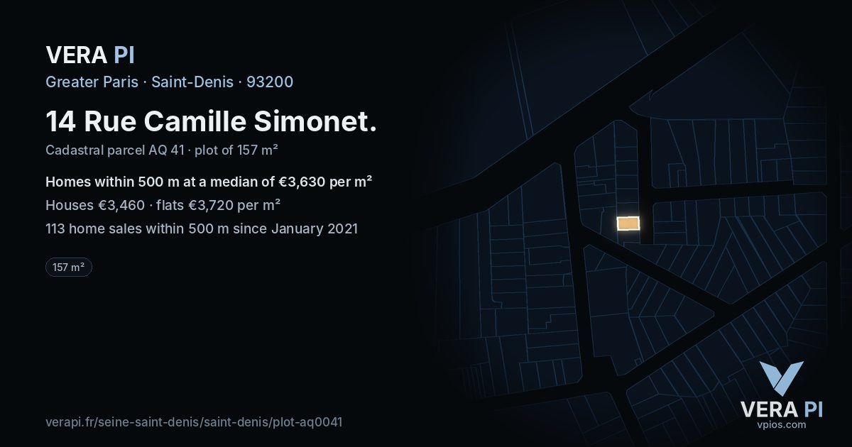 14 Rue Camille Simonet, Saint-Denis at night – the plot lit, the parcels around coloured by the prices near them