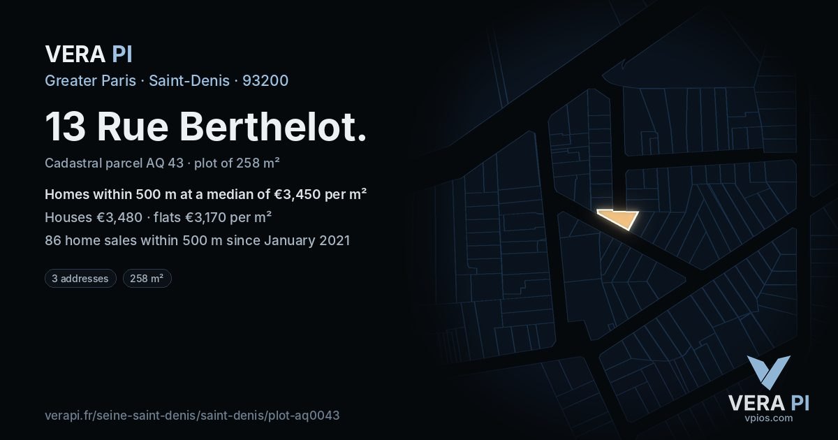 13 Rue Berthelot, Saint-Denis at night – the plot lit, the parcels around coloured by the prices near them