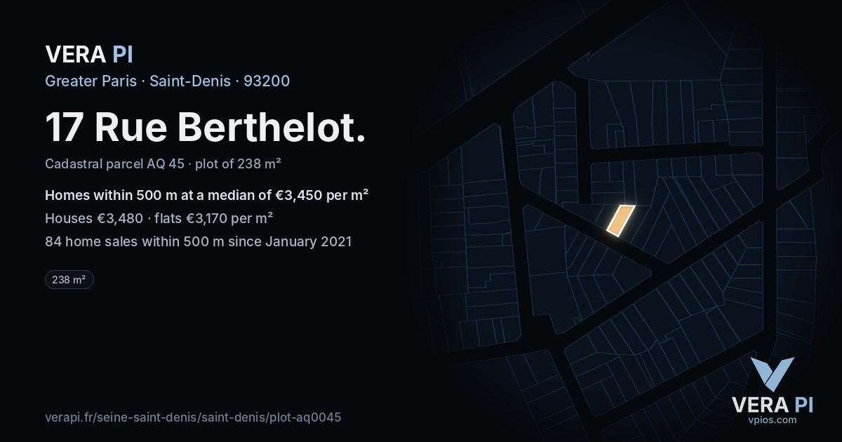 17 Rue Berthelot, Saint-Denis at night – the plot lit, the parcels around coloured by the prices near them
