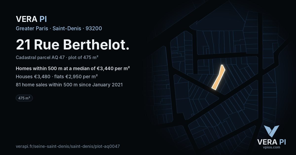 21 Rue Berthelot, Saint-Denis at night – the plot lit, the parcels around coloured by the prices near them