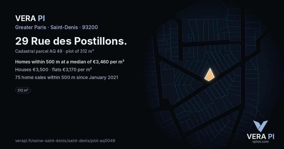 29 Rue des Postillons, Saint-Denis at night – the plot lit, the parcels around coloured by the prices near them