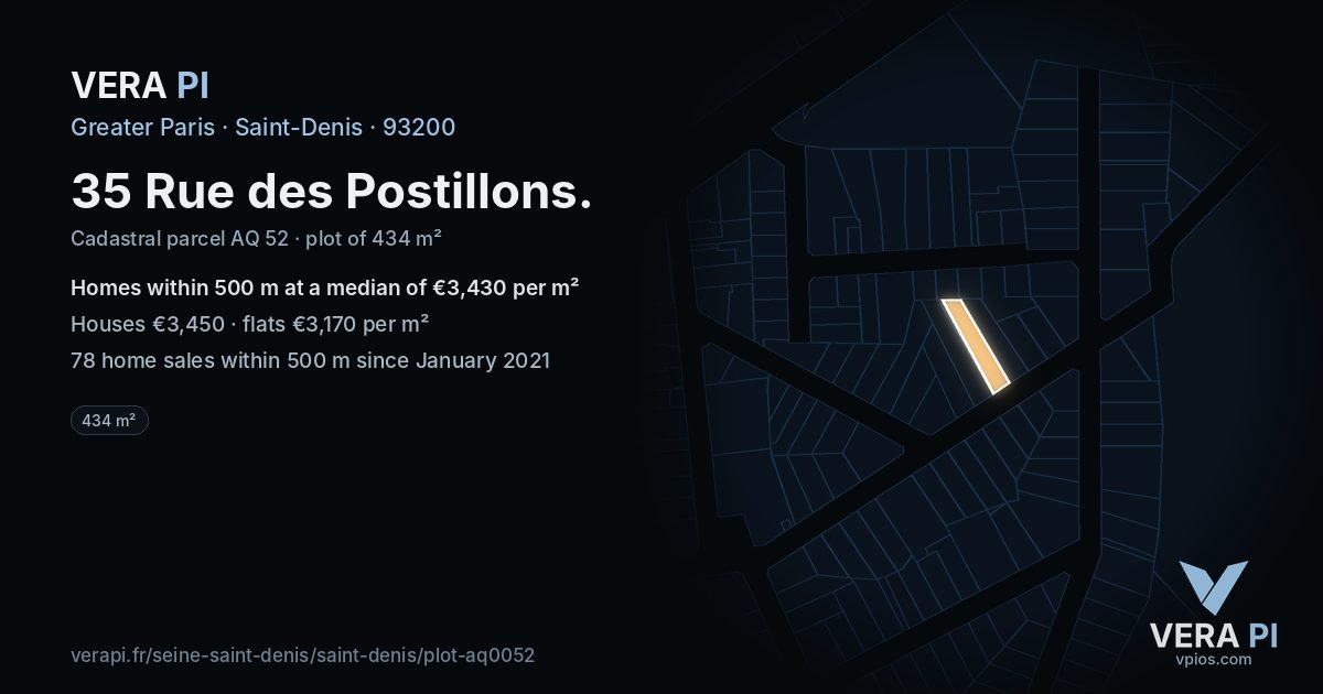 35 Rue des Postillons, Saint-Denis at night – the plot lit, the parcels around coloured by the prices near them
