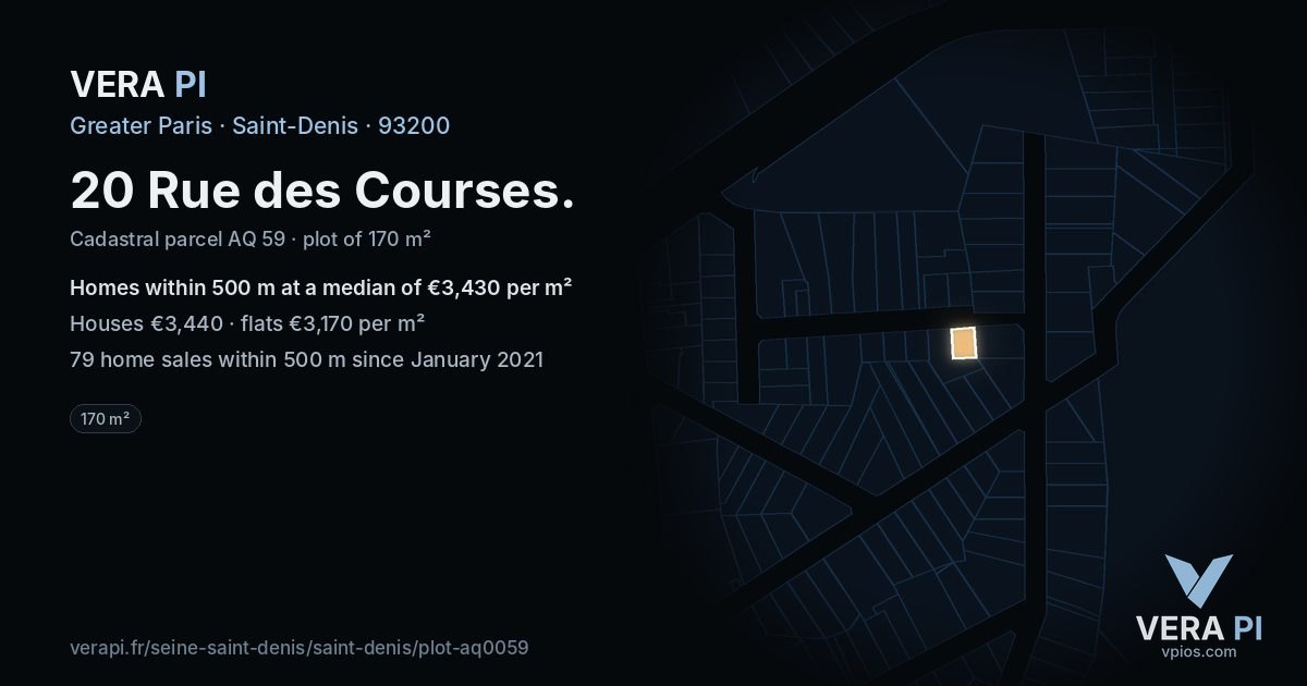 20 Rue des Courses, Saint-Denis at night – the plot lit, the parcels around coloured by the prices near them
