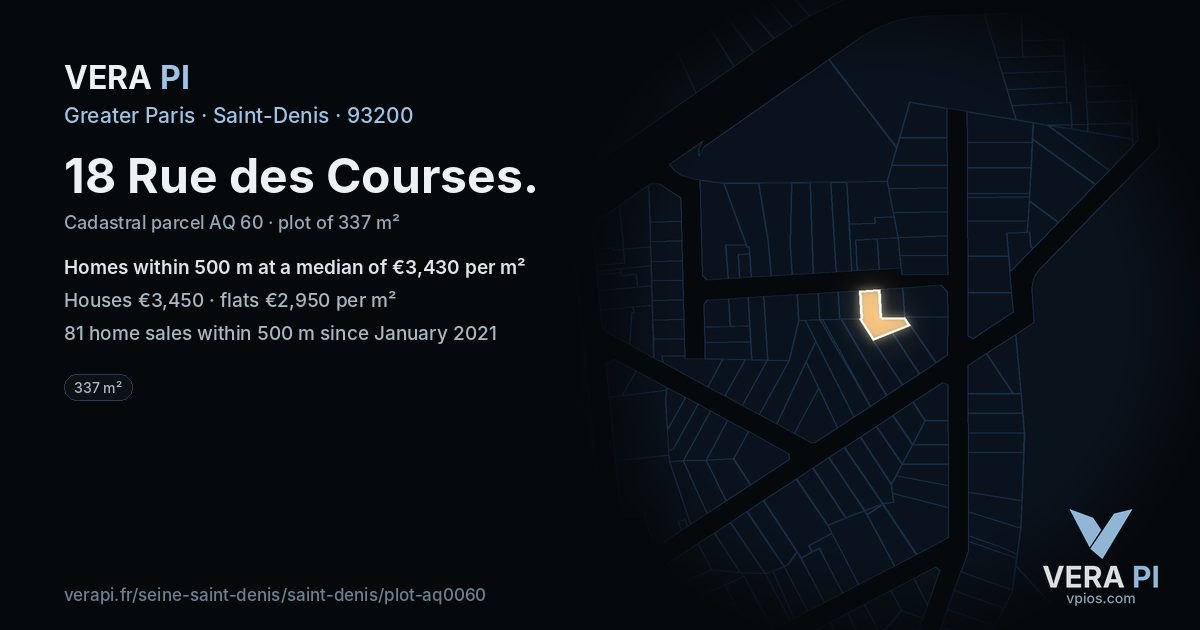 18 Rue des Courses, Saint-Denis at night – the plot lit, the parcels around coloured by the prices near them