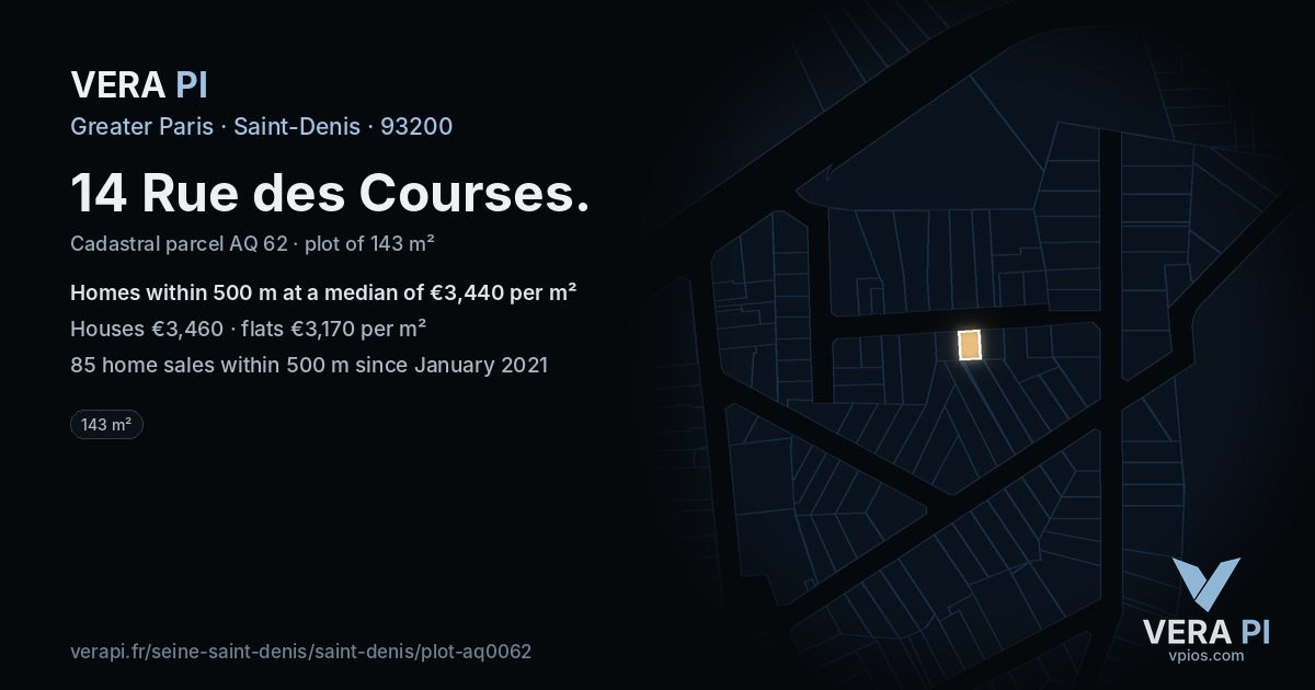14 Rue des Courses, Saint-Denis at night – the plot lit, the parcels around coloured by the prices near them