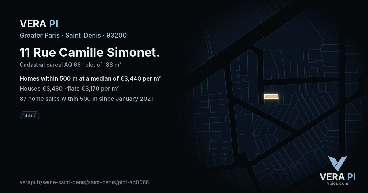 11 Rue Camille Simonet, Saint-Denis at night – the plot lit, the parcels around coloured by the prices near them
