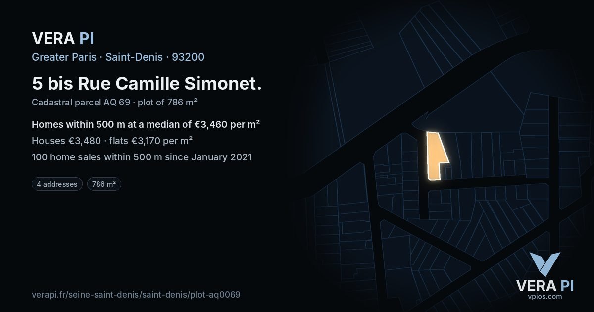 5 bis Rue Camille Simonet, Saint-Denis at night – the plot lit, the parcels around coloured by the prices near them