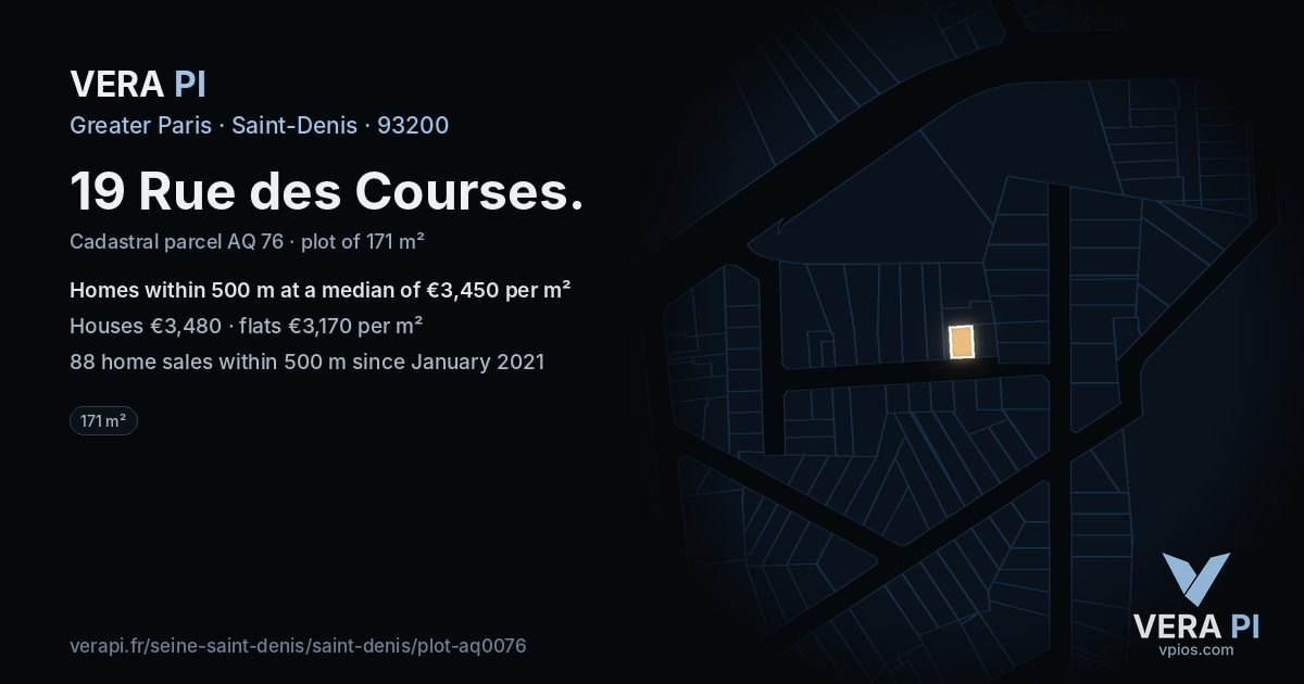 19 Rue des Courses, Saint-Denis at night – the plot lit, the parcels around coloured by the prices near them
