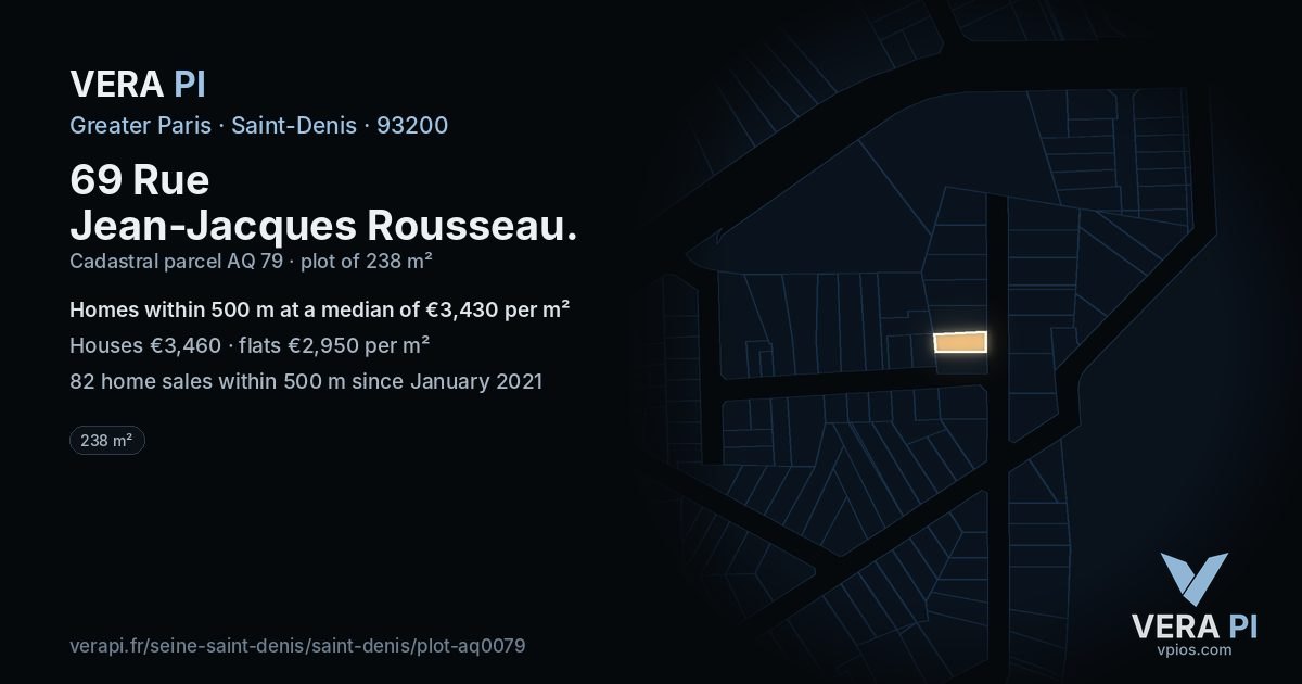 69 Rue Jean-Jacques Rousseau, Saint-Denis at night – the plot lit, the parcels around coloured by the prices near them
