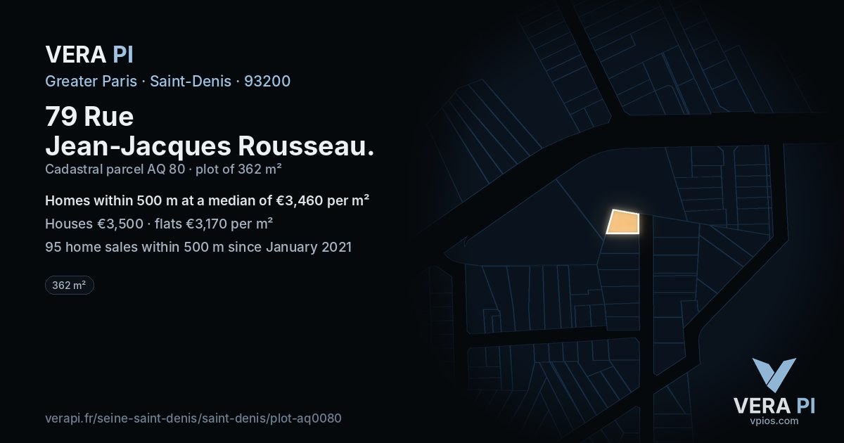 79 Rue Jean-Jacques Rousseau, Saint-Denis at night – the plot lit, the parcels around coloured by the prices near them