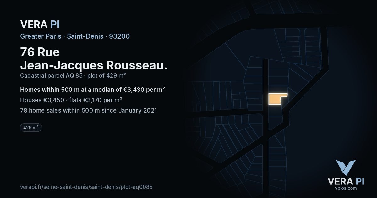 76 Rue Jean-Jacques Rousseau, Saint-Denis at night – the plot lit, the parcels around coloured by the prices near them