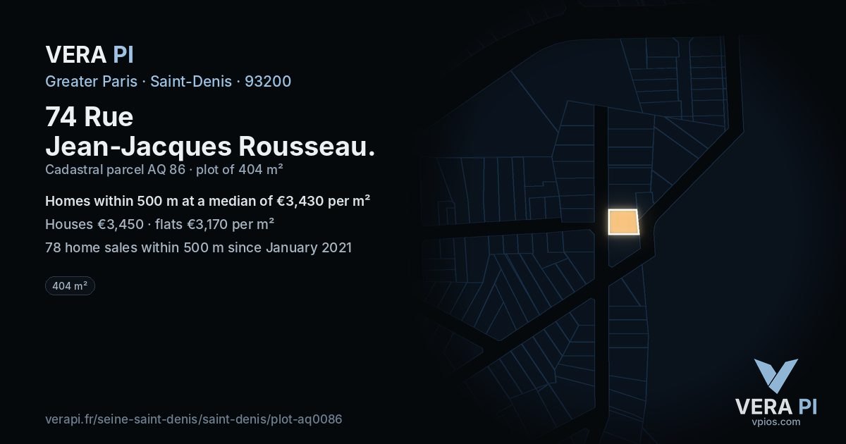 74 Rue Jean-Jacques Rousseau, Saint-Denis at night – the plot lit, the parcels around coloured by the prices near them