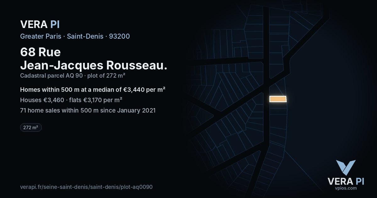 68 Rue Jean-Jacques Rousseau, Saint-Denis at night – the plot lit, the parcels around coloured by the prices near them