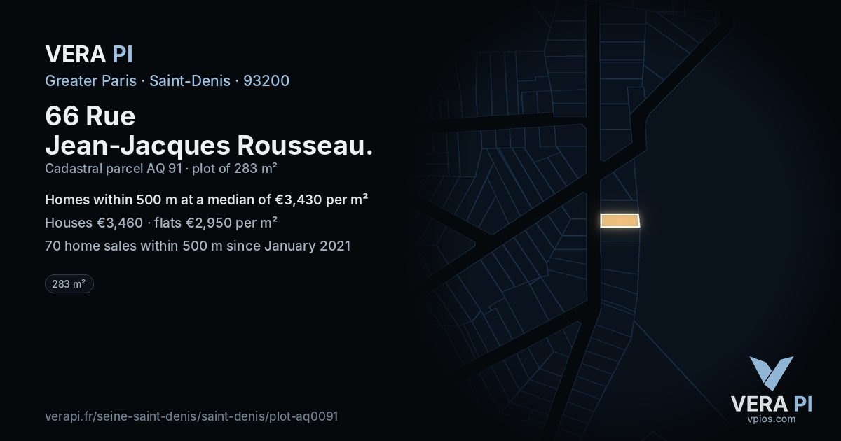 66 Rue Jean-Jacques Rousseau, Saint-Denis at night – the plot lit, the parcels around coloured by the prices near them