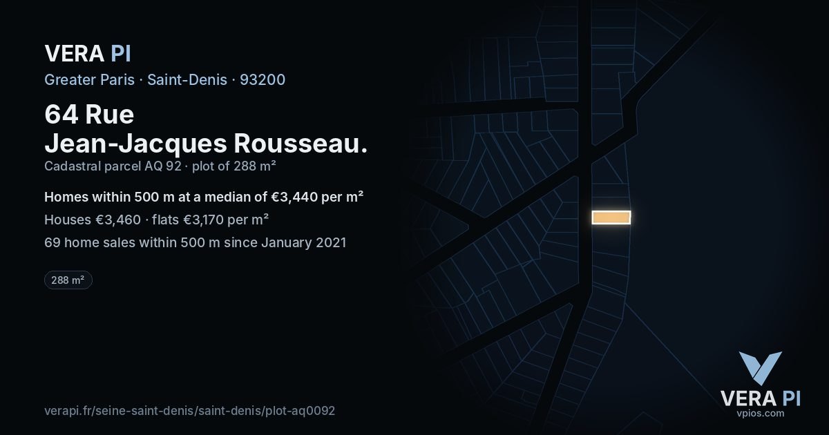 64 Rue Jean-Jacques Rousseau, Saint-Denis at night – the plot lit, the parcels around coloured by the prices near them