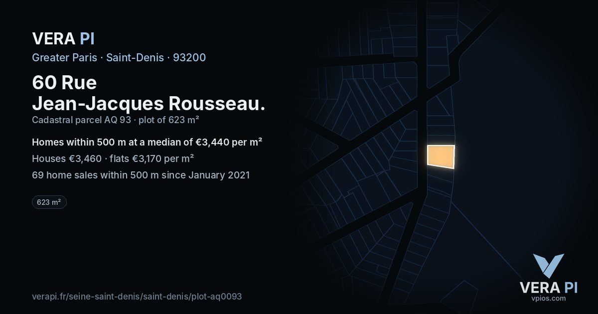 60 Rue Jean-Jacques Rousseau, Saint-Denis at night – the plot lit, the parcels around coloured by the prices near them