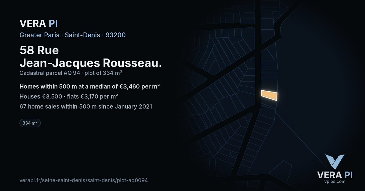 58 Rue Jean-Jacques Rousseau, Saint-Denis at night – the plot lit, the parcels around coloured by the prices near them