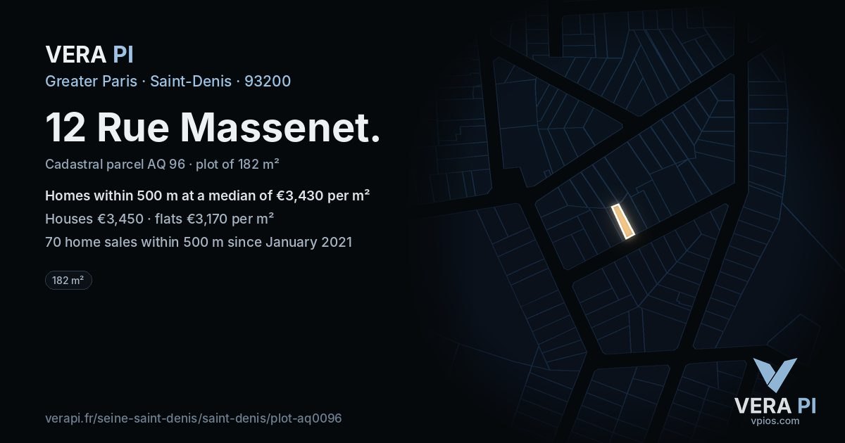 12 Rue Massenet, Saint-Denis at night – the plot lit, the parcels around coloured by the prices near them