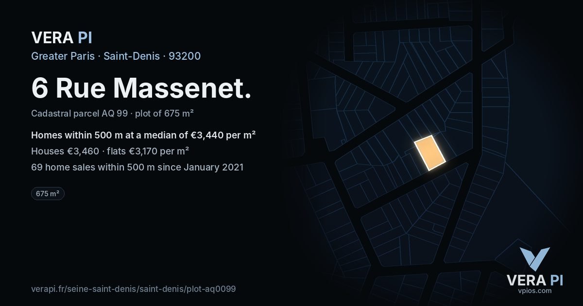 6 Rue Massenet, Saint-Denis at night – the plot lit, the parcels around coloured by the prices near them