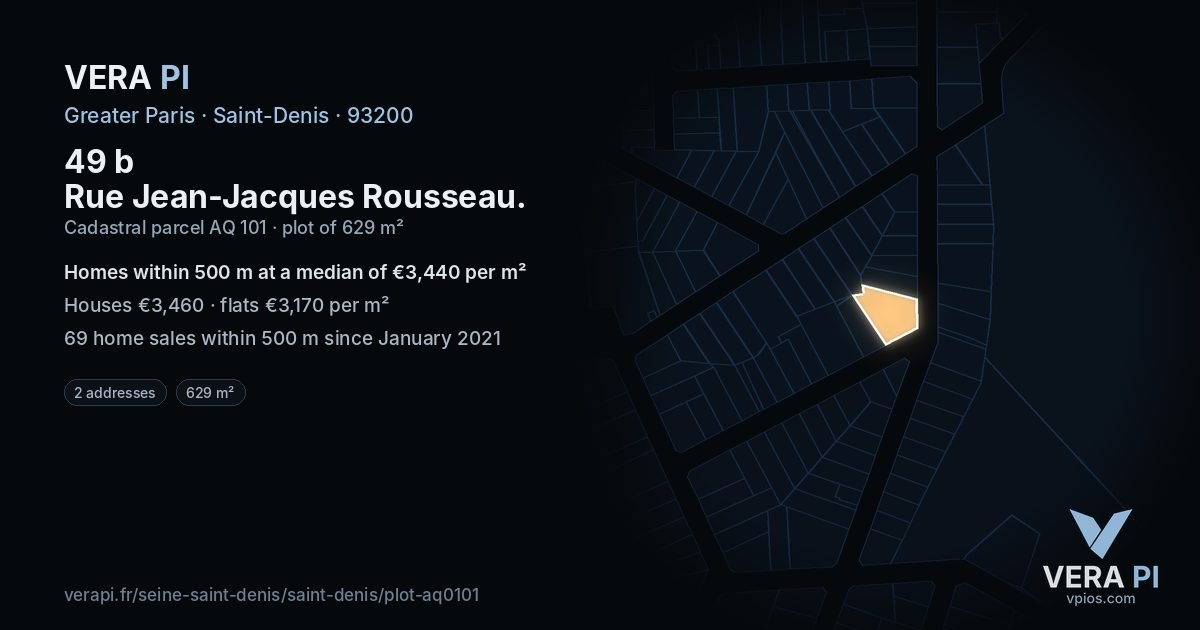 49 b Rue Jean-Jacques Rousseau, Saint-Denis at night – the plot lit, the parcels around coloured by the prices near them