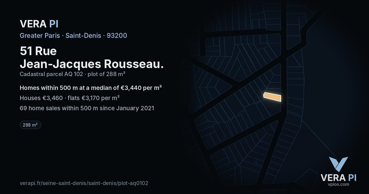 51 Rue Jean-Jacques Rousseau, Saint-Denis at night – the plot lit, the parcels around coloured by the prices near them