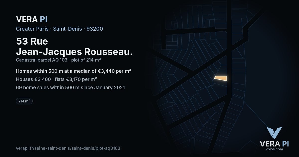 53 Rue Jean-Jacques Rousseau, Saint-Denis at night – the plot lit, the parcels around coloured by the prices near them