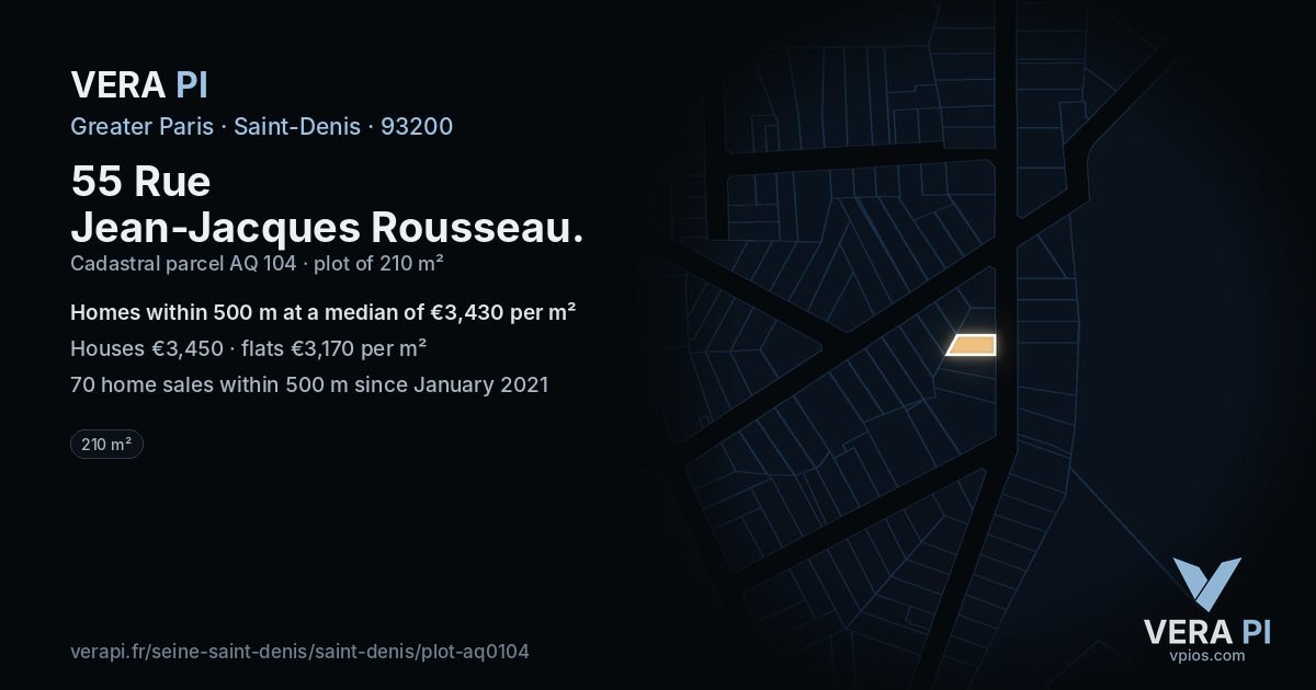 55 Rue Jean-Jacques Rousseau, Saint-Denis at night – the plot lit, the parcels around coloured by the prices near them