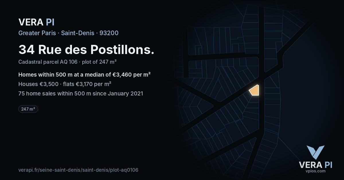 34 Rue des Postillons, Saint-Denis at night – the plot lit, the parcels around coloured by the prices near them