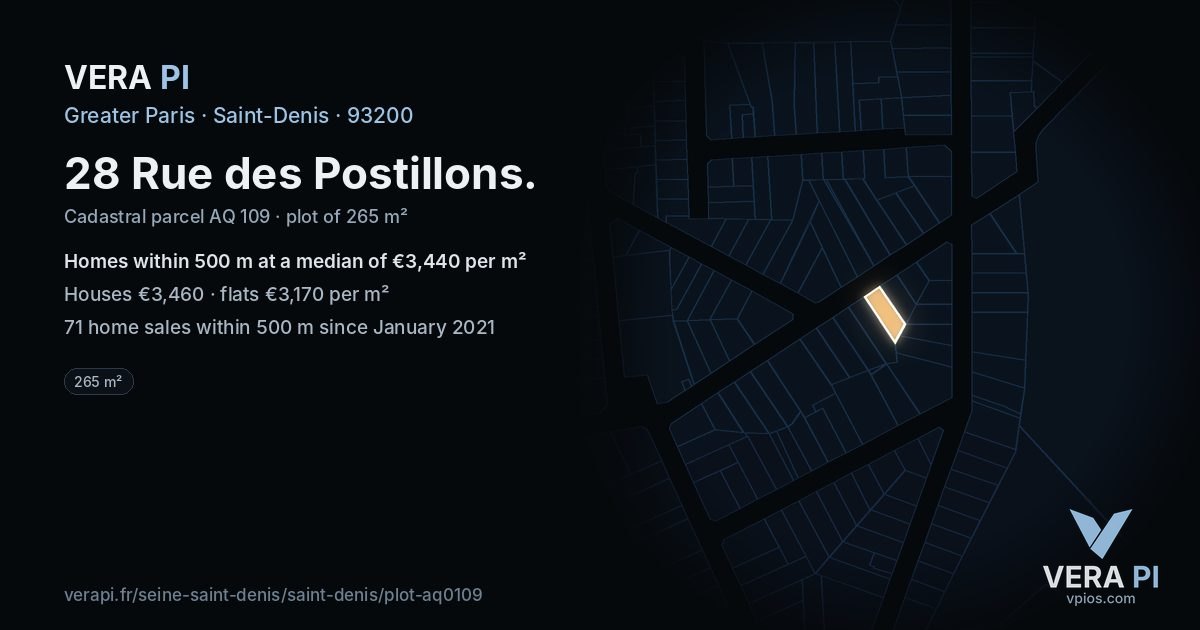 28 Rue des Postillons, Saint-Denis at night – the plot lit, the parcels around coloured by the prices near them