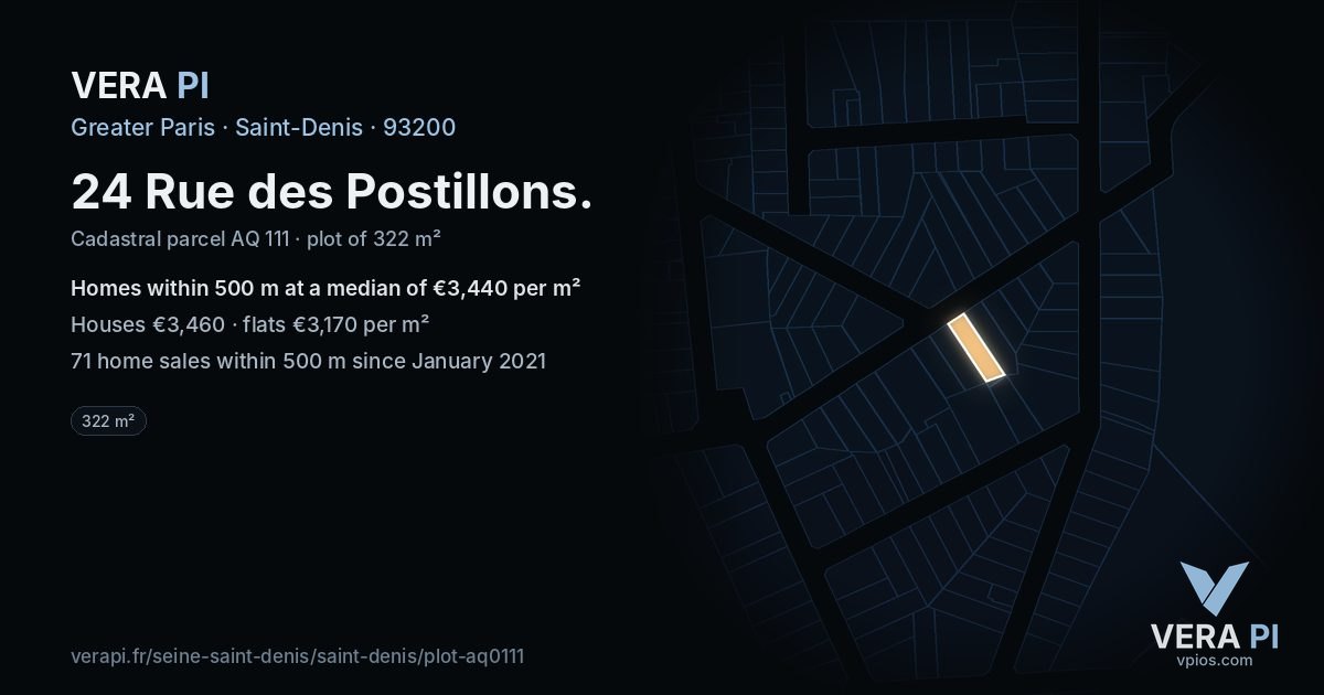 24 Rue des Postillons, Saint-Denis at night – the plot lit, the parcels around coloured by the prices near them