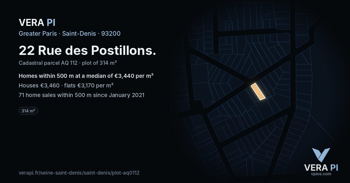 22 Rue des Postillons, Saint-Denis at night – the plot lit, the parcels around coloured by the prices near them