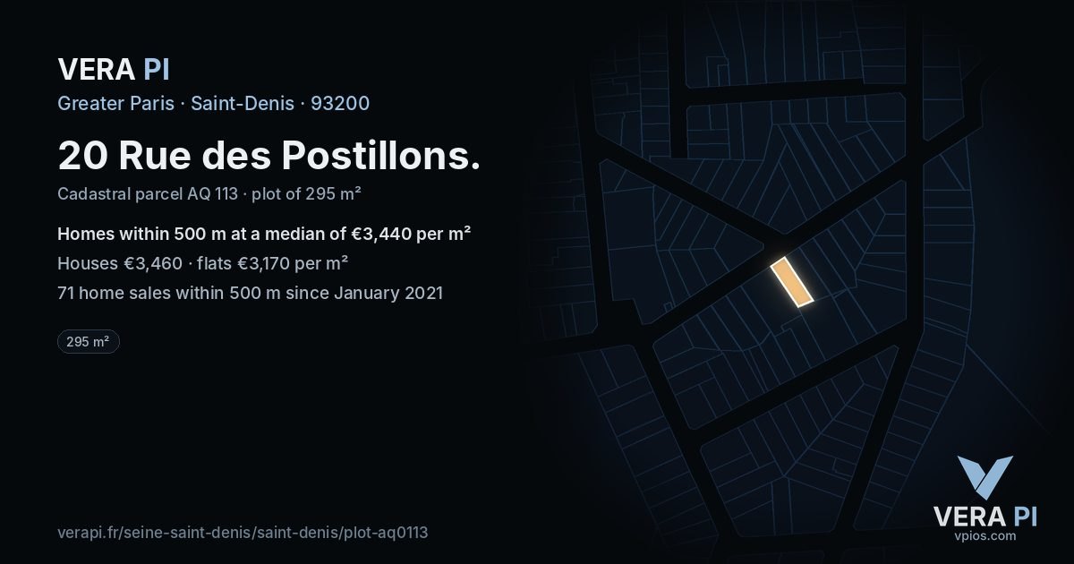 20 Rue des Postillons, Saint-Denis at night – the plot lit, the parcels around coloured by the prices near them
