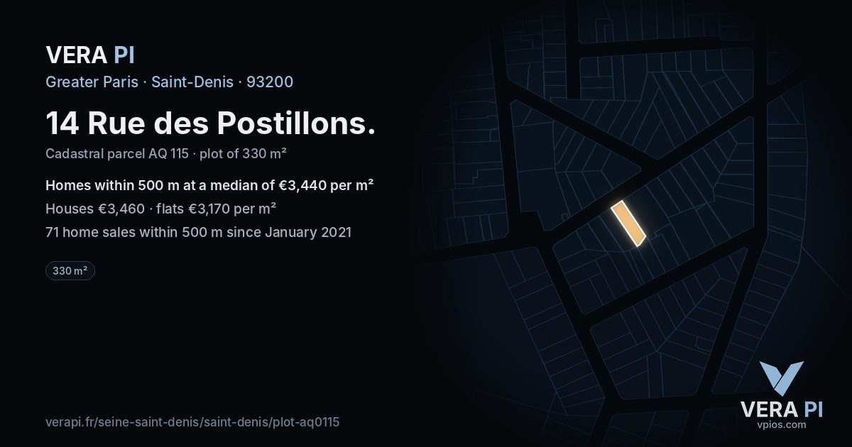 14 Rue des Postillons, Saint-Denis at night – the plot lit, the parcels around coloured by the prices near them