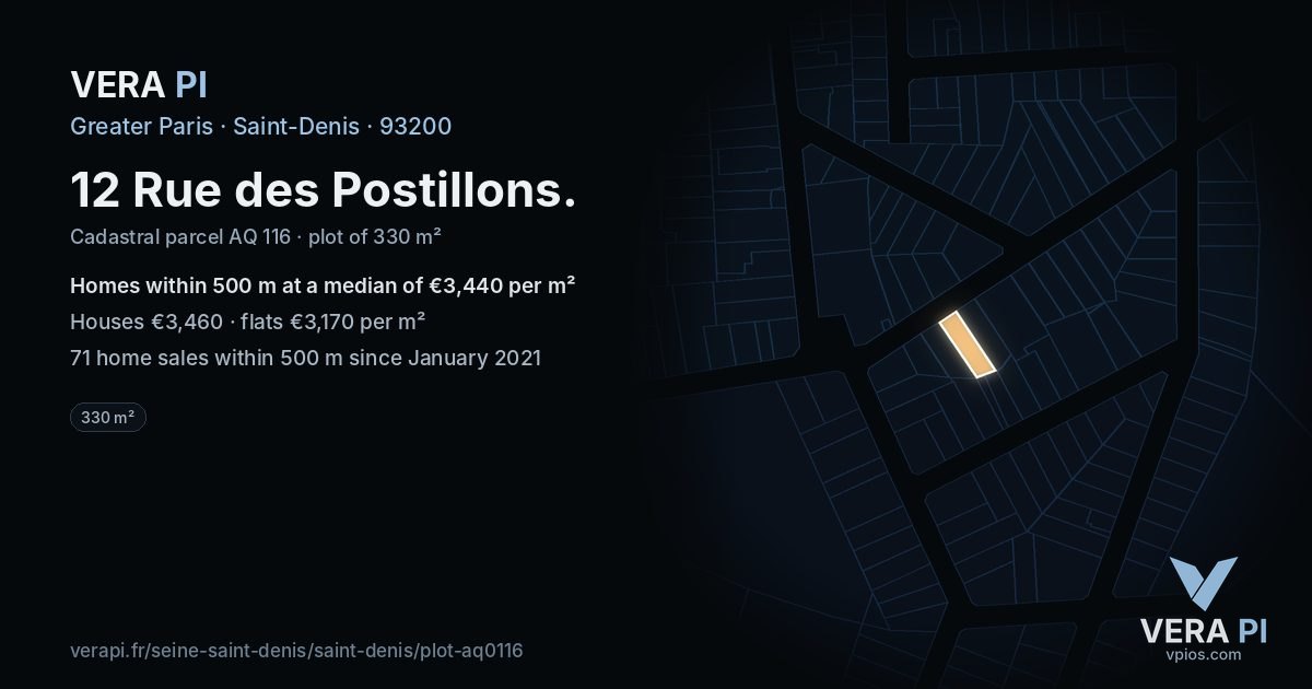 12 Rue des Postillons, Saint-Denis at night – the plot lit, the parcels around coloured by the prices near them