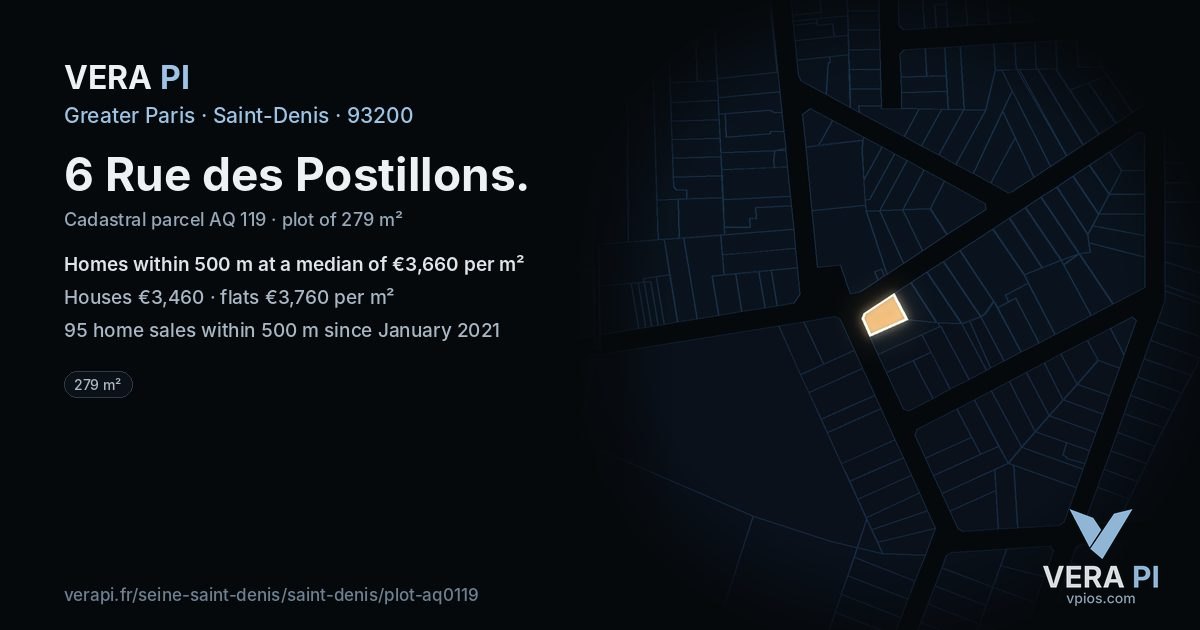 6 Rue des Postillons, Saint-Denis at night – the plot lit, the parcels around coloured by the prices near them